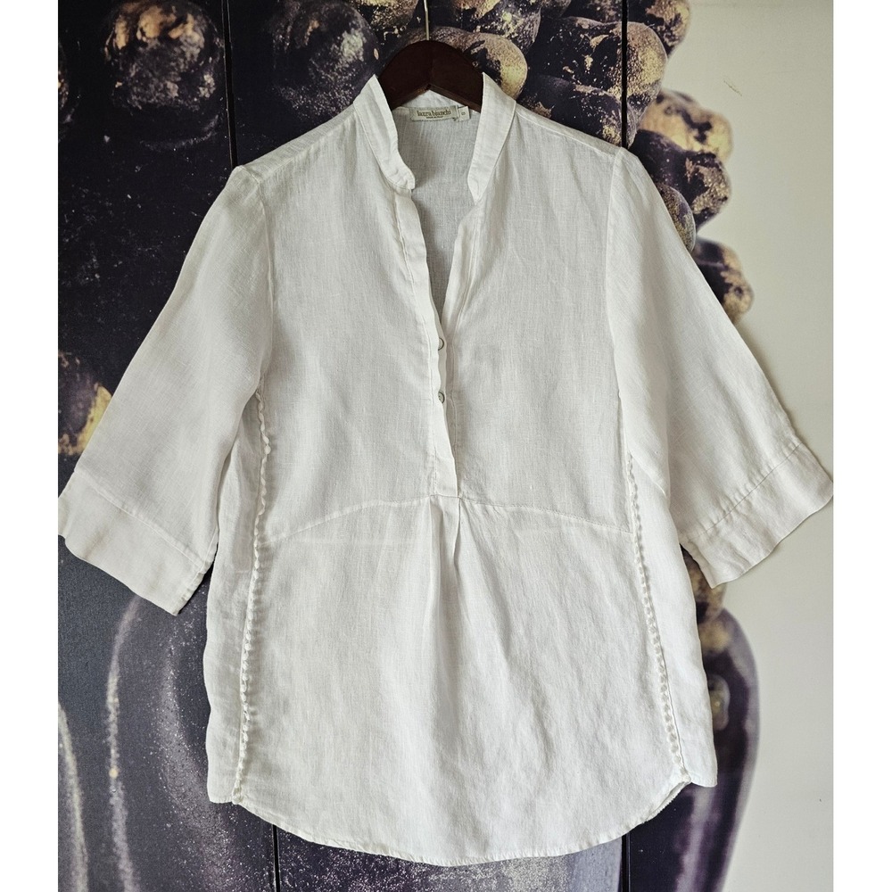 Laura Bianchi White Linen Tunic Top Made in Italy Pom Pom Trim Size S